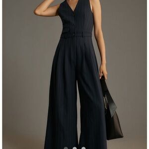 Anthropologie Navy Pinstripe Tailored Wide-Leg Jumpsuit